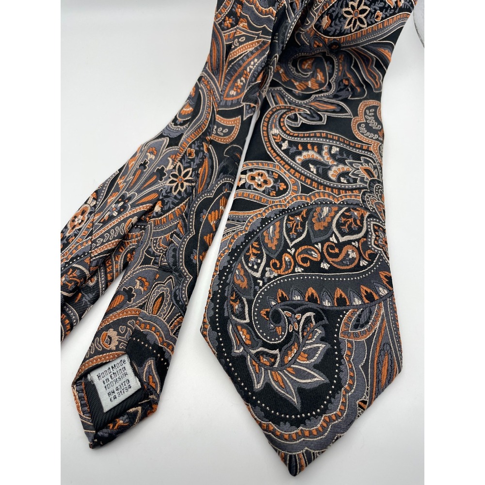 Geoffrey Beene Extra Long Silk Tie Black Orange Grey Paisley Handmade XL Necktie